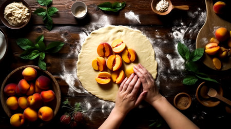 Woman cooking peach pie, top view, woman preparing peach galette at table.の素材