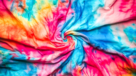 Background with fabric dyed in tie-dye technique in different colors.の素材