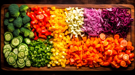 Chopped fresh vegetables on a wooden cutting board, top view.の素材