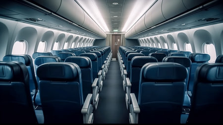 Aircraft interior with blue seats and white panel.の素材