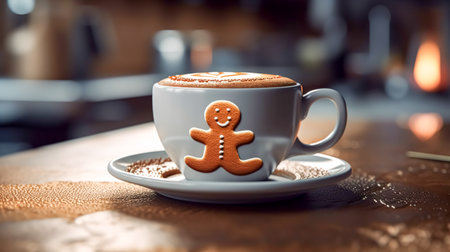 A cup of coffee with a gingerbread man on a blurred background, a hot drink for the winter season.の素材