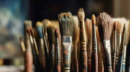 Close up of different painting brushes in paiter's atelier.の素材