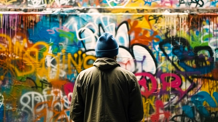 A man stands in front of a wall painted with multi-colored graffiti, viewed from the back.の素材