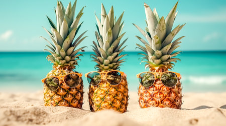 Three pineapples in stylish sunglasses on the sand against the turquoise sea. Tropical summer holiday concept.の素材