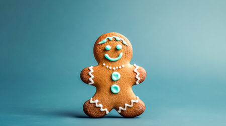 Gingerbread man on blue background, trendy Christmas minimal composition, homemade gingerbread man cookie.の素材