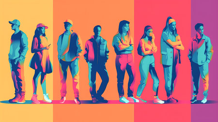 Crowd of stylish young people, creative color illustration.の素材