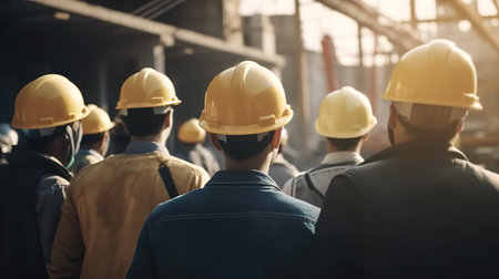 A group of young workers or engineers with yellow helmets standing at a construction site, viewed from the back.の素材