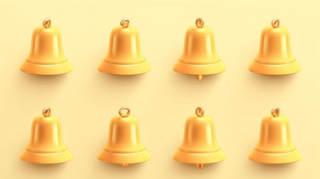 Set of golden bells on a yellow background isolated.の素材