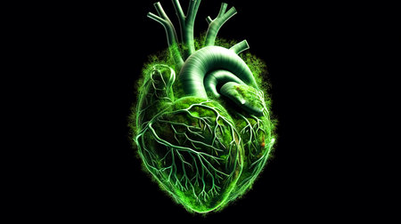 Conceptual image of green grass shaped like human heart, Green grass shaped in human heart.の素材