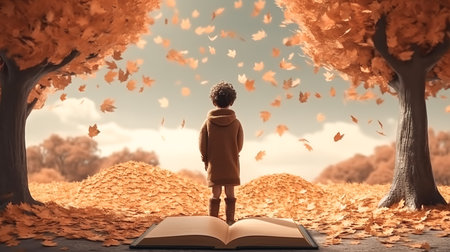 Child, book and autumn leaves, view from the back.の素材
