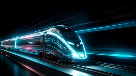 A modern train rushes at speed in the dark.の素材