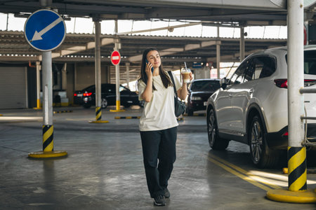 A young woman with coffee talking on the phone in the parking lot.