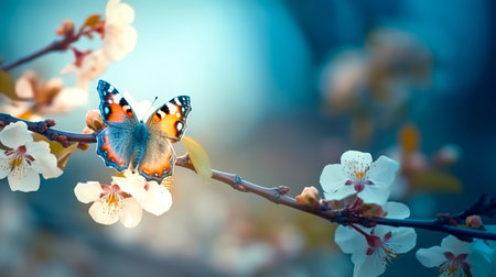 A bright butterfly on a branch of a blossoming spring tree on a blurred background.の素材