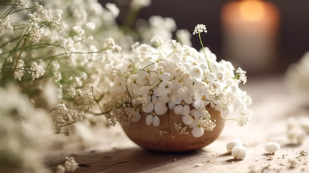 Spring composition with white flowers on a blurred background.の素材