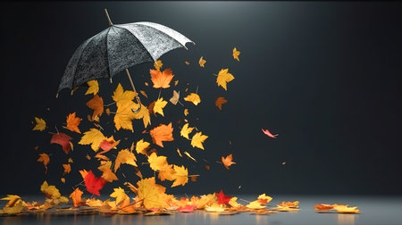 Autumn background with fallen yellow leaves and umbrella, copy space.の素材