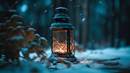 A lamp with a burning candle inside in a winter forest among the snow.の素材