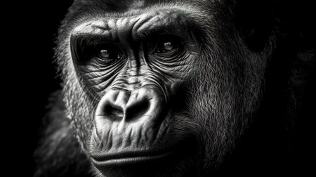 Portrait of a close-up of a silverback gorilla on a dark background.の素材