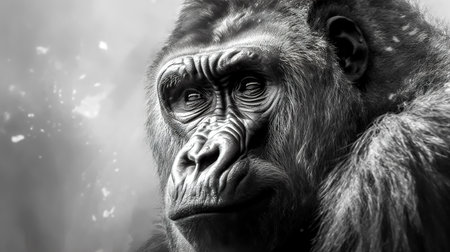 Portrait of a close-up of a silverback gorilla on a dark background.の素材