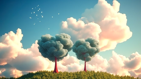 Two trees in the shape of hearts on the background of clouds, the concept of love for nature and care for the environment.の素材