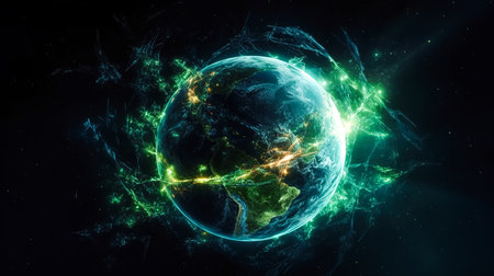 Planet Earth on a black background, the concept of climate change, care for nature.の素材