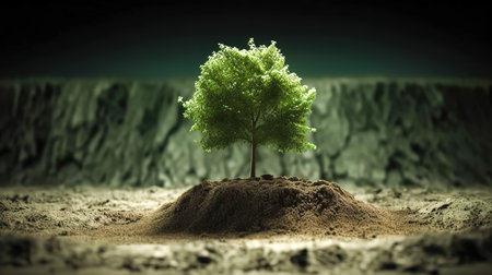 A green tree grows from the ground, the concept of plant growth, and environmental protection.の素材