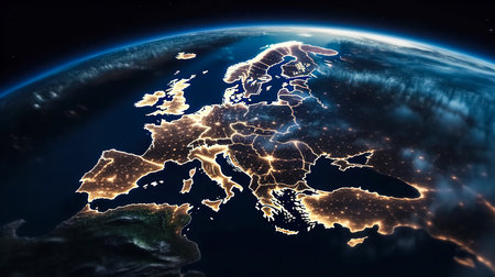 Foto de Map of Europe on a global satellite photo, view of city lights on the night Earth from space. - Imagen libre de derechos