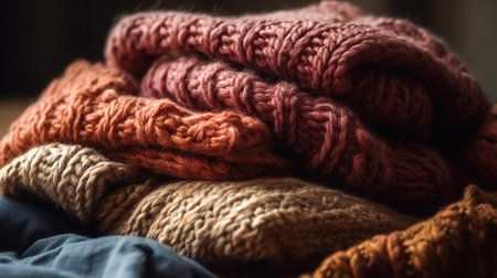 Background of knitted clothes folded in a pile, wardrobe for the cold season.の素材