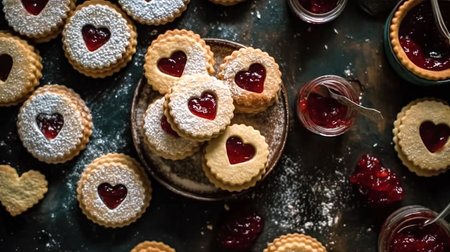 Homemade shortbread cookies with red hearts with jam for Valentine's day, top view.の素材