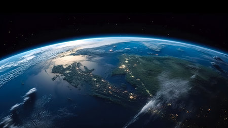 Map of Europe on a global satellite photo, view of city lights on the night Earth from space.の素材