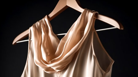 Light silk blouse on a hanger on a dark background.の素材