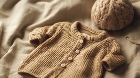 Knitted cardigan for a baby, close-up, clothes for the cold season.の素材