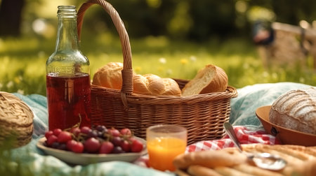 Basket with food and drinks at a picnic on a blurred background of nature, close-up.の素材