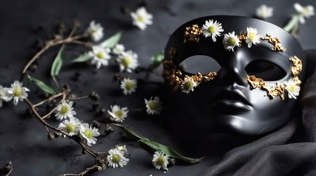 Black theatrical mask and flowers on a dark background.の素材