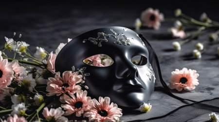 Black theatrical mask and flowers on a dark background.の素材