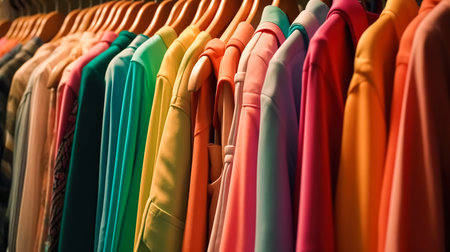 Clothes of different colors on hangers in the store.の素材