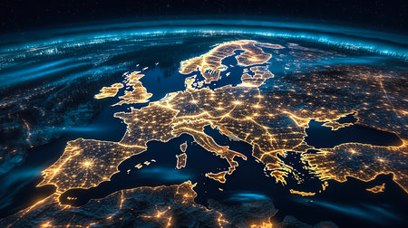 Map of Europe on a global satellite photo, view of city lights on the night Earth from space.の素材