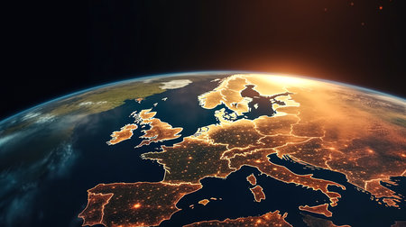 Map of Europe on a global satellite photo, view of city lights on the night Earth from space.の素材