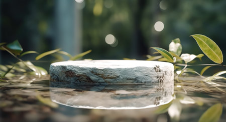 Realistic product podium showcase made of stone on water, Illustration for promoting sales and marketing.の素材