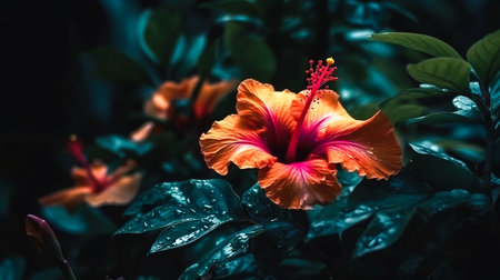 Tropical flower with large stamen, red Chinese Rose flower, Hibiscus rosa-sinensis.の素材