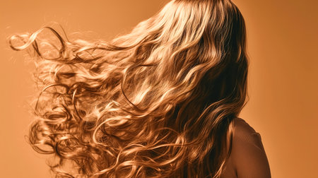 Haircare, back and beauty of woman with curly hair in studio isolated on a brown background.の素材