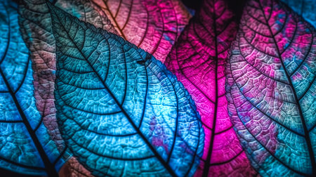 Abstract background with leaves in pink and blue, bright expressive colorful beautiful artistic image of nature.の素材