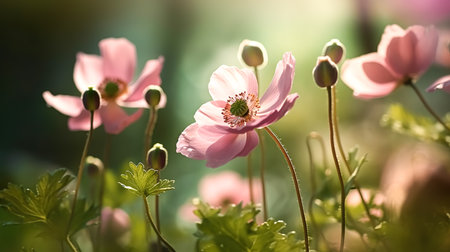 Fresh beautiful pink poppies on green field. bright blurred background, floral background, shallow depth of field.の素材