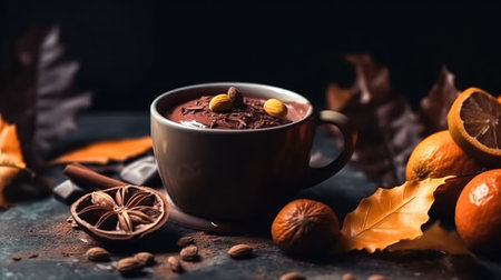 Autumn composition with a cup of hot chocolate on a dark background.の素材
