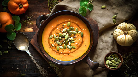 Pumpkin soup garnished with pumpkin seeds on a wooden table, top view.の素材