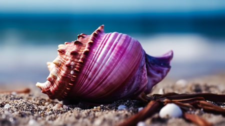 Close-up, purple seashell on the seashore on a blurred background.の素材