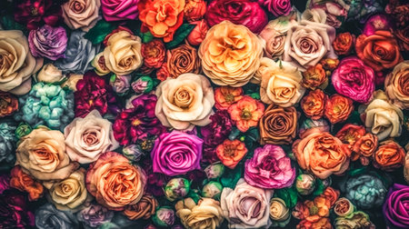 Background of roses of different colors, top view.の素材