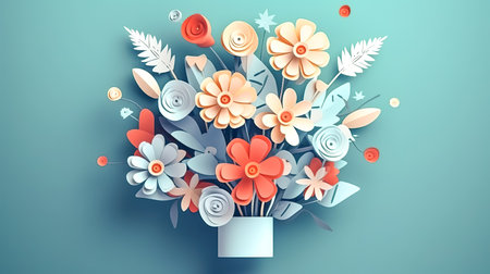 Flowers made by quilling on a blue background, Colorful paper quilling flowers.の素材