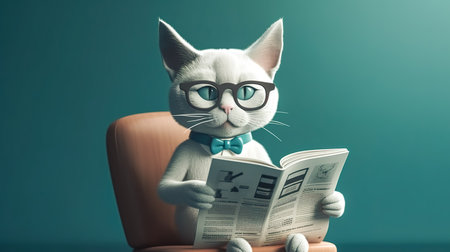 Serious cat with glasses reads a newspaper.の素材