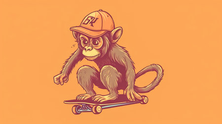 Funny monkey rides a skateboard, cartoon illustration.の素材