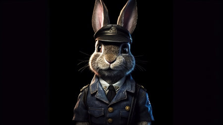 Cartoon character hare in uniform on a dark background.の素材